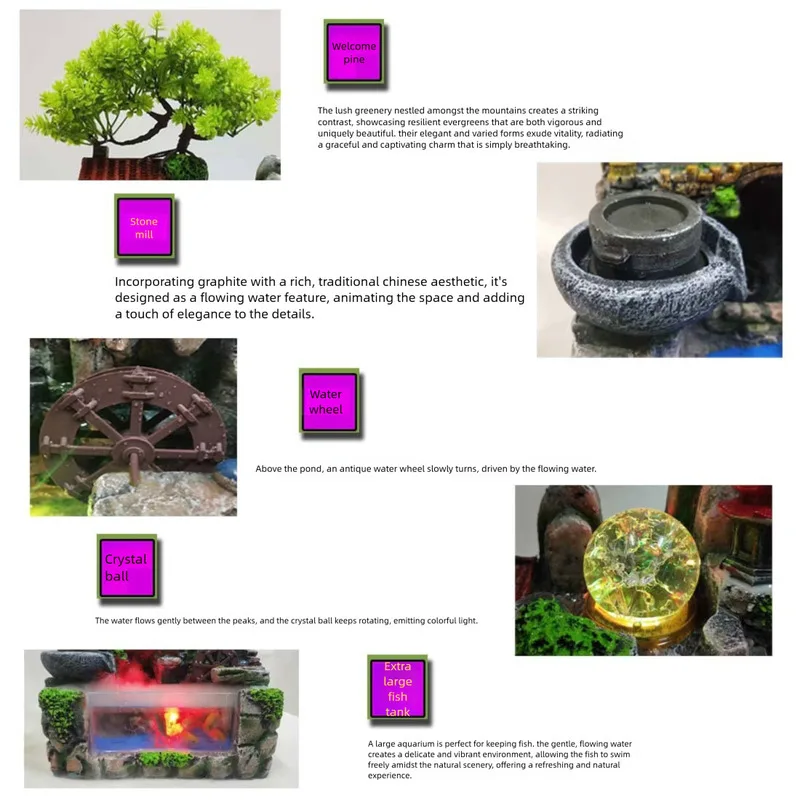 Cross-Border Creative Home Decor For Living Room And Office Chinese-Style Rockery Fountain Landscape Fish Tank Resin Craft
