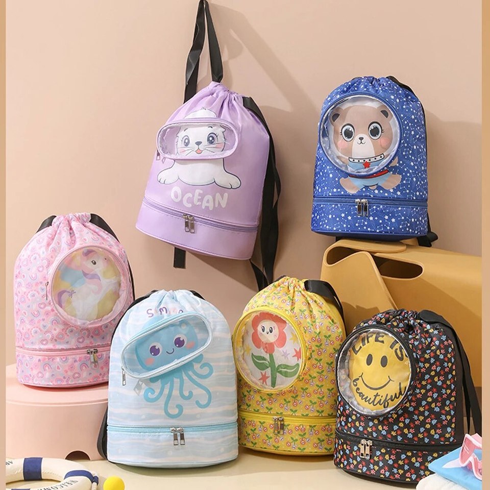 Cartoon swimming bag, fitness large capacity wash bag, dry wet separation shower storage bag, children's portable backpack zwq