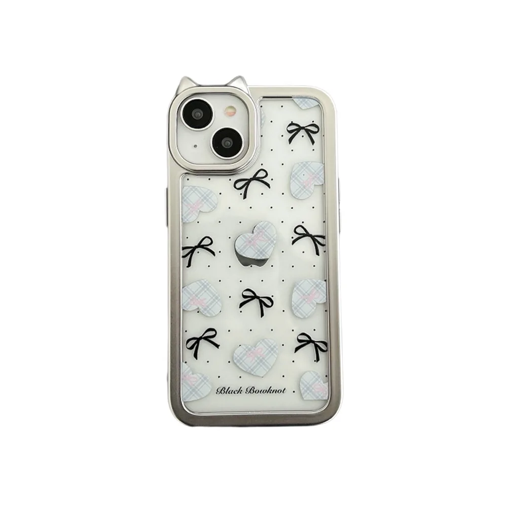 Wróżka retro kokardka Kocie uszy sztuka przezroczyste Etui na telefon do iPhone'a 15 14 13 12 11 Pro Max Etui Cute Sweet silvery frame luxury Cover