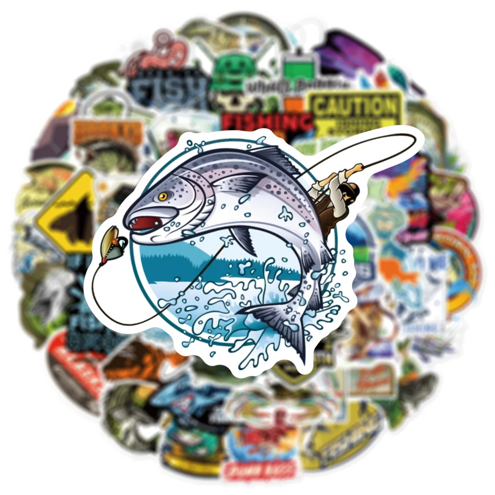 50pcs Cartoon Fishing Gear Outdoor Fishing Stickers For Motorcycle Suitcase Guitar Phone Scrapbooking Material Sticker Vintage