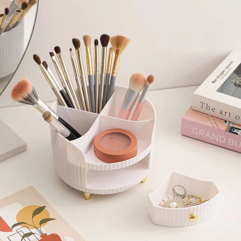 حامل فرشاة دوار لتنظيم المكياج مع أدراج صغيرة لتخزين مستحضرات التجميل الفاخرة لإسفنجة أحمر الشفاه