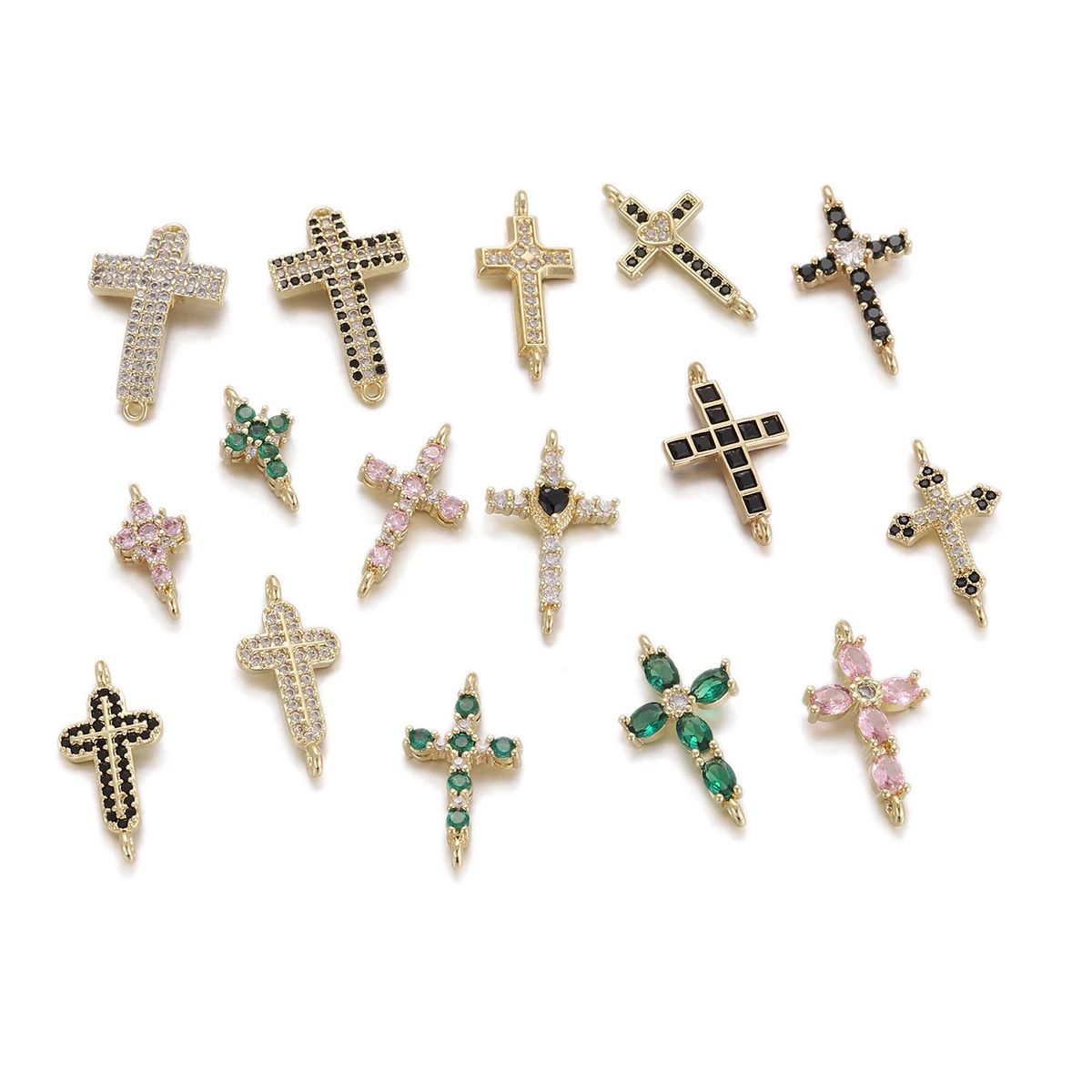 Classic Gold Plated Cross Charms Mix Styles Micro Pave Cubic Zirconia Christian Cross Pendant for DIY Handmade Necklace Bracelet