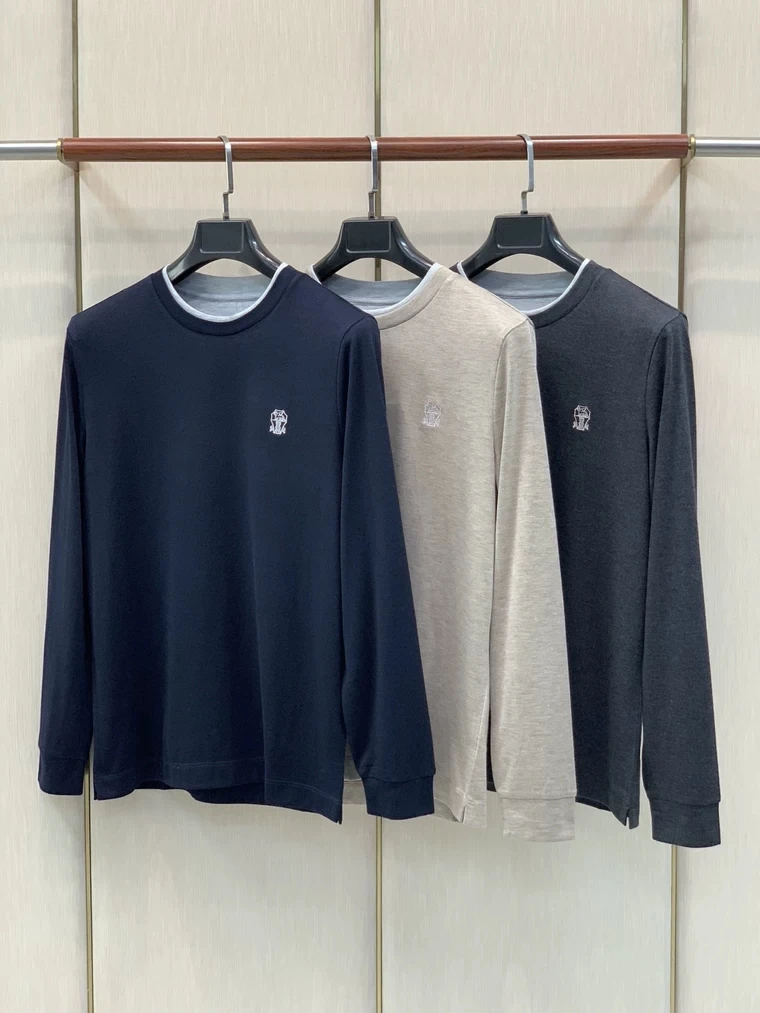 Italian Style Men's Long Sleeve Cotton T-Shirt Comfortable round Neck Embroidered Badge Business Casual All-Match Sweatshirt