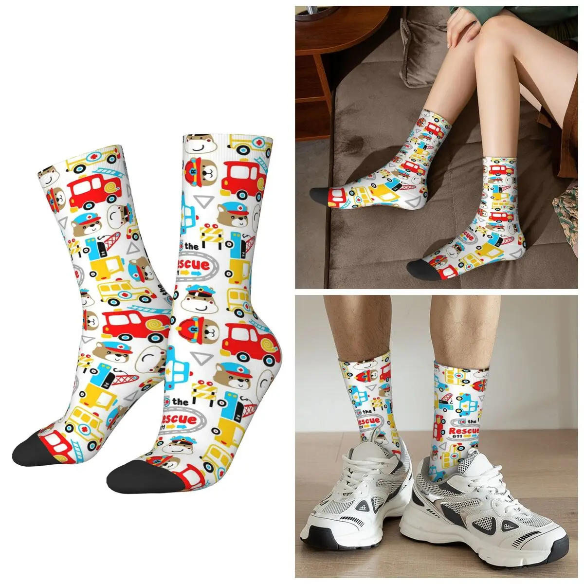 

All Seasons Cartoon Fire Truck Socks Harajuku Crew Socks Sweat Absorbing Stockings for Men Women Gifts