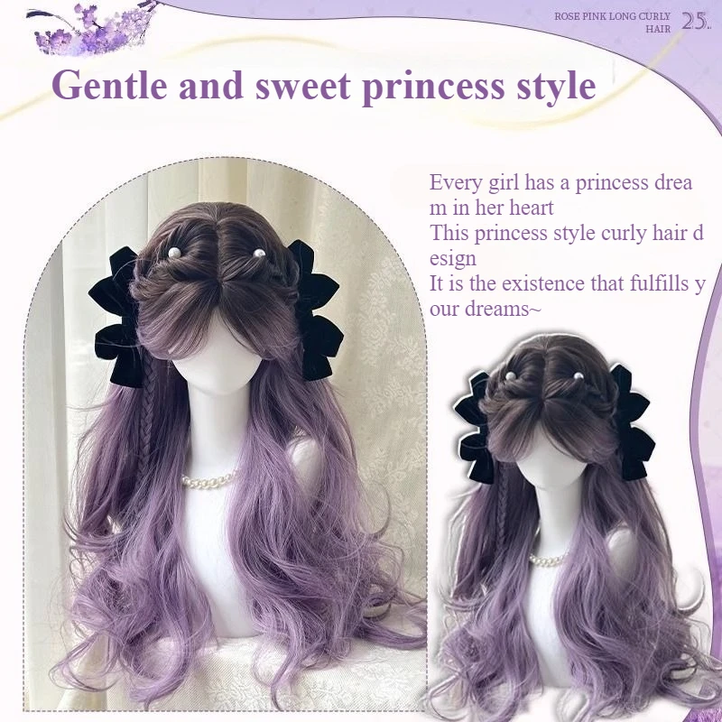 로리타 그레이 퍼플 그라데이션 공주 스타일 가발 중간 길이 헤어 큰 웨이브 긴 곱슬머리 코스프레 커플 헤어 컬러 풀 후드