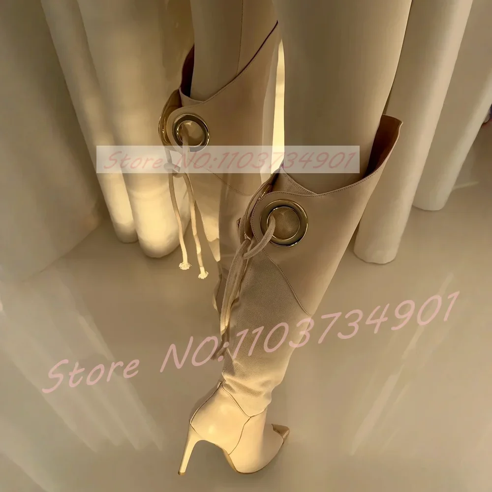 Beige Splicing Gold Toe Knee-High Boots Women Chic Metal Ring Lace-Up Pointed Toe High Heels Female Luxury Winter Events Boots view 3