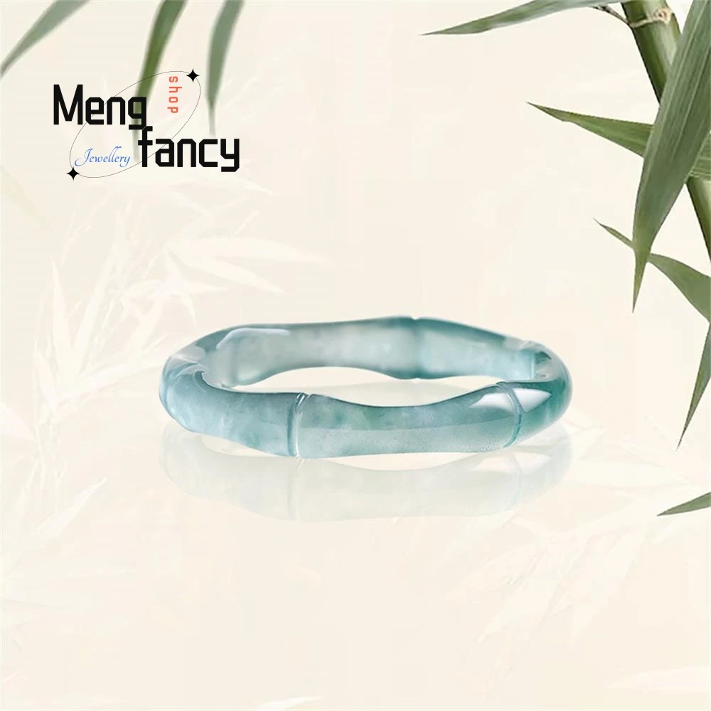 

Natural A-goods Jadeite Blue Water Bamboo Ring Section Of The Three-Dimensional Carving Ice Jade High-grade Fashion Fine Jewelry