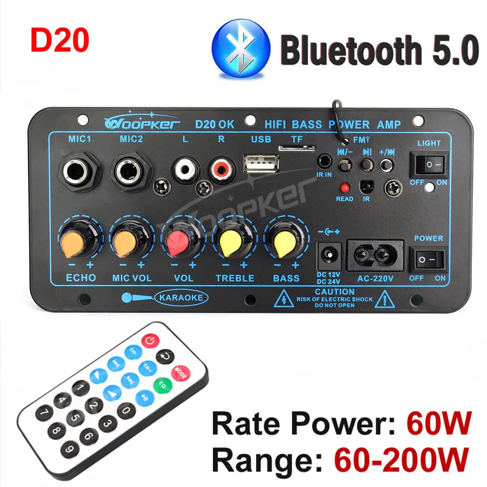 Woopker 300W Bluetooth Audio Verstärker Bord D100 Subwoofer Dual Mikrofon AMP Modul 12V 24V 220V mittelalterlichen Player 4