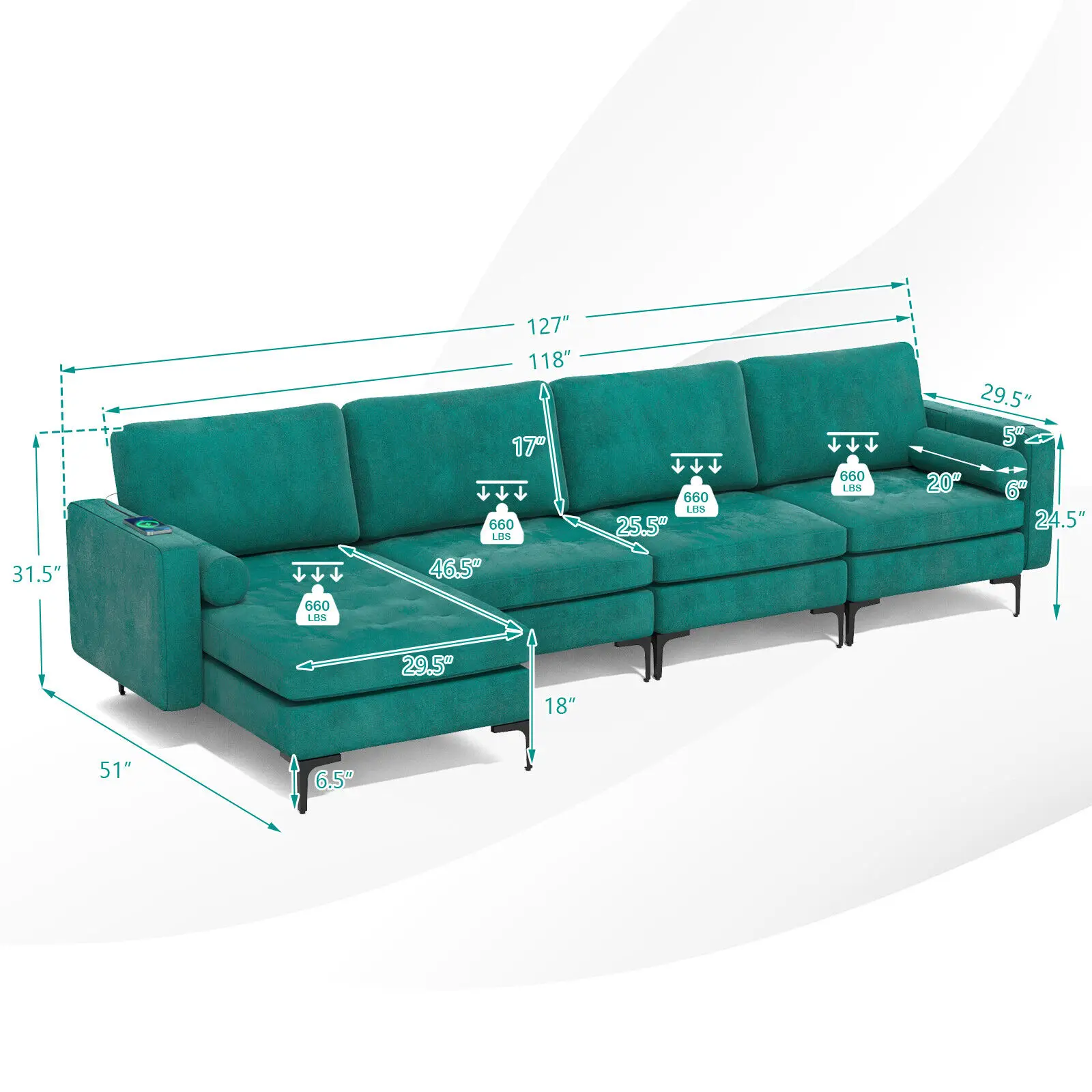 Costway Modular L-shaped Sectional Sofa w/ Reversible Chaise & 2 USB Ports Peacock Blue