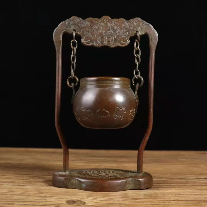 

Collection of copper handicrafts Pure Zodiac hanging furnace Hollow incense burner Open lid copper furnace ornament