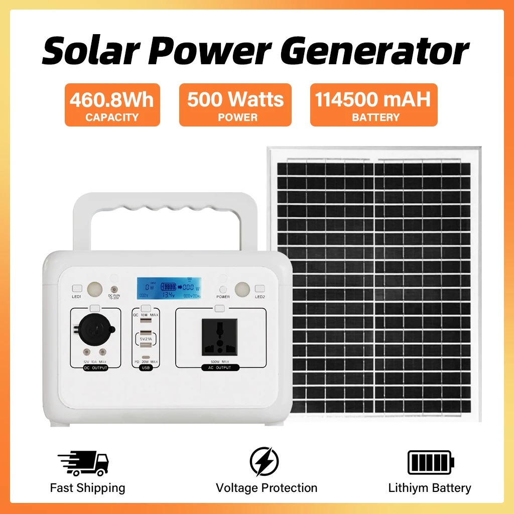 500W Portable Power Station Solar Generator 460.8Wh LiFePo4 Battery Energy Power Plant for Home Backup Outdoors Camping RV500W P