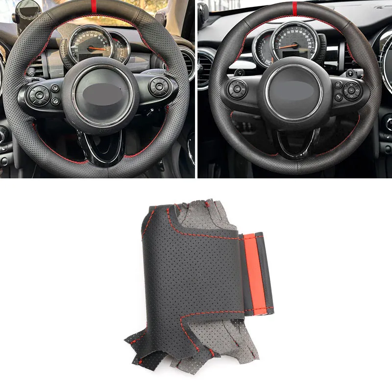

Перфорированный кожаный чехол на руль автомобиля для Mini Cooper F54 F55 F56 F57 F60 R55 R56 R57 R58 R60 R50 R52 R53 Red Strip Lines