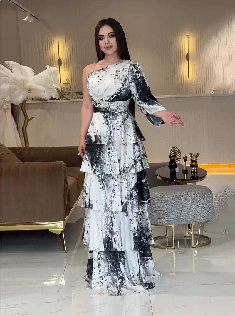 2026 nova impressão mulher camadas vestido de festa um ombro mangas compridas cintura fina elegante maxi vestidos imagem real