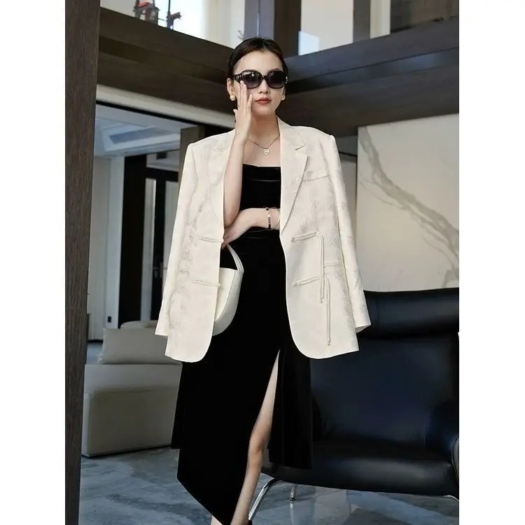 

Black Modern Oriental Style Blazer Women Petite Sizes Slim Fit Casual Chic Versatile Jacket Spring Fall Two Button Lapel Suit