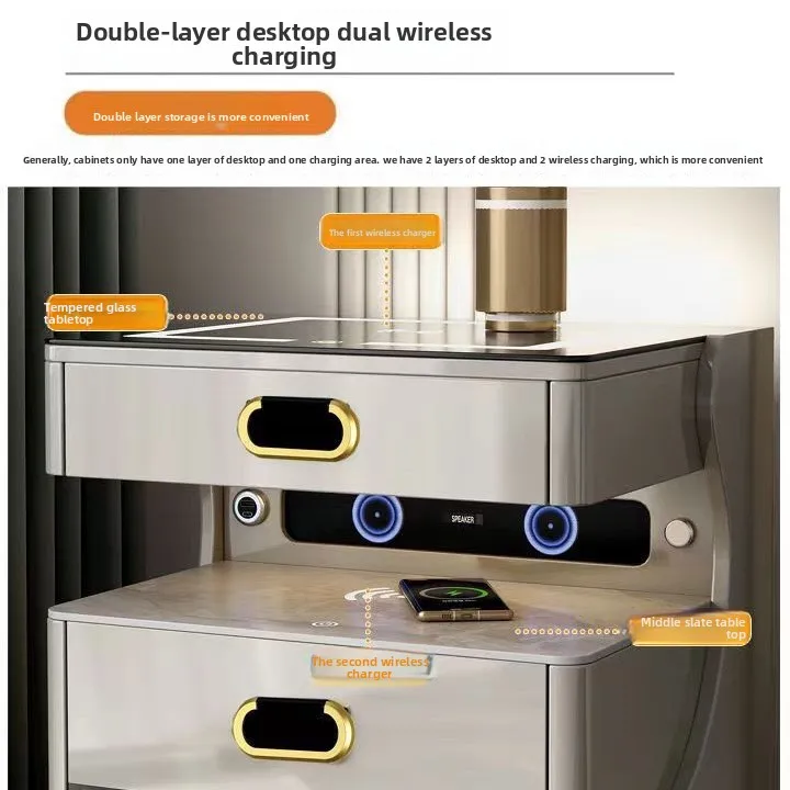 خزانة متكاملة متعددة الوظائف، طاولات شحن لاسلكية مزدوجة، طاولة بجانب السرير الذكية، منضدة ذكية مع آمنة