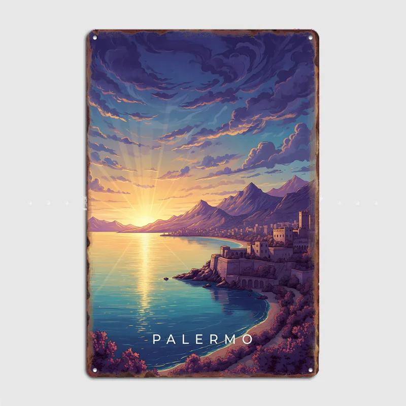 Palermo Coastline at Sunset Poster Metal Sign Bedroom Indoor Outdoor Home Decor Bar Custom Posters Wall Room Decorations