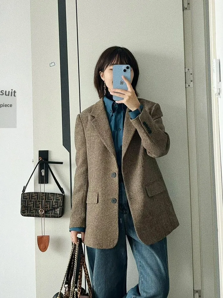 

Элегантный шерстяной костюм в американском стиле в стиле ретро, женский свободный плащ на одной пуговице, осень-зима, новая верхняя одежда Sle Faion