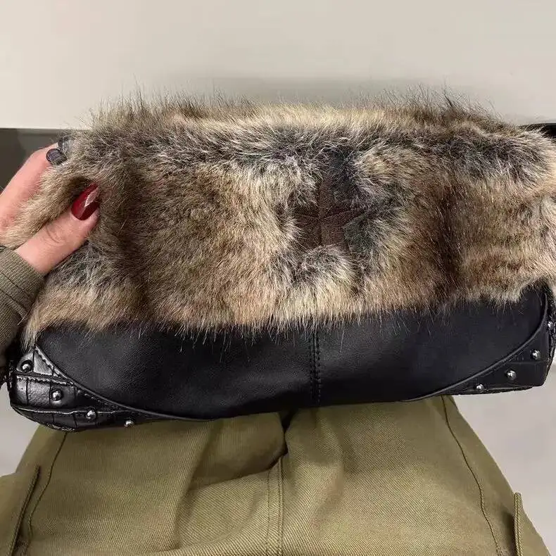 Bloom Vintage Black Plush Shoulder Bags Women Hot Girl Sweet Cool Studded Star Embroidery Handbag Ladies Y2k Punk Underarm Bag