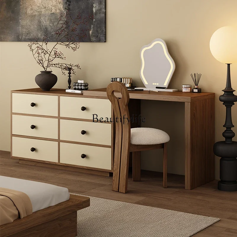 

02ld14Light Retro Solid Wood Dresser Bedroom Makeup Table Chest of Drawers Retractable Bed Front Cabinet Integrated