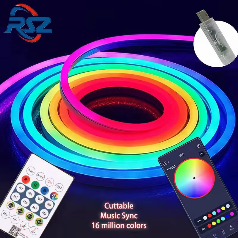 RGB Neon Strip Light,5V USB Waterproof Flexible Ribbon Tape Neon Lights,1M 2M 3M 5M,With Bluetooth Remote Control For Home Decor