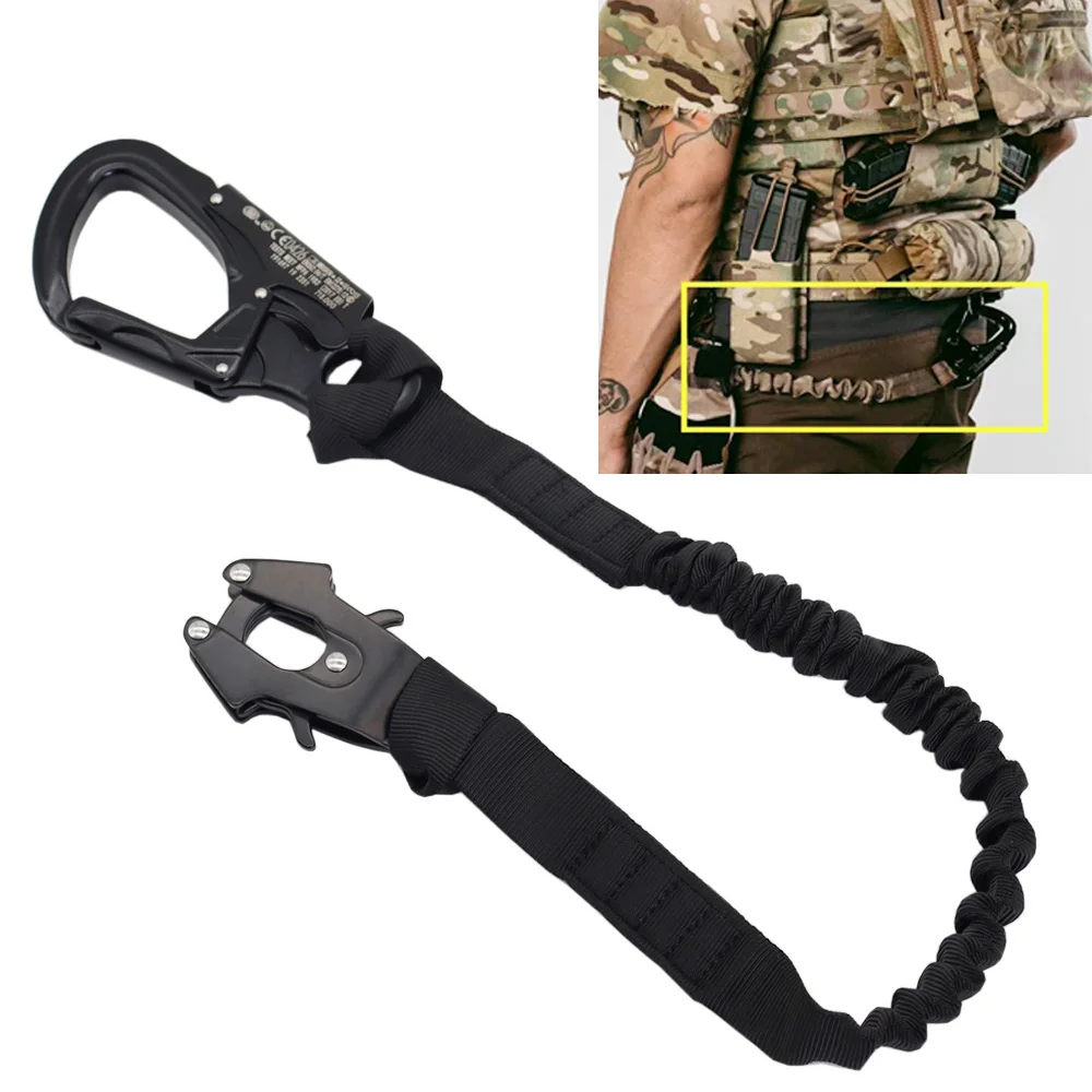 Cuerda de seguridad elástica táctica de doble extremo con hebilla colgante, cuerda de seguridad Navy Seal Save Sling para Airsoft, Wargame, Cosplay