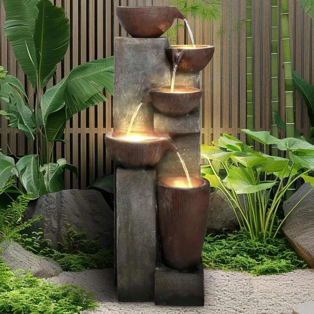 

39.7in.Modern Outdoor Fountain -5-Tier Resin Water Feature, Indoor Outdoor Garden Waterfall Fountain with Contemporary Design