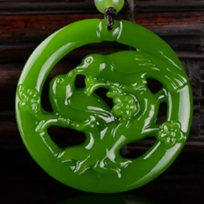 Chinese Green Jade Love Bird Magpie Hollow-out Pendant Necklace Jewellery Fashion Accessories Hand-Carved Woman Luck Amulet