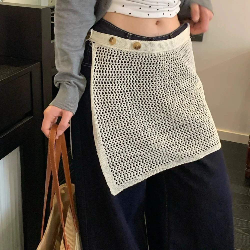 Korean Ins Style Casual New Women Hollow Butt Cover Button Irregular Knit Waist Seal Daily Dating Universal Skirt Panel