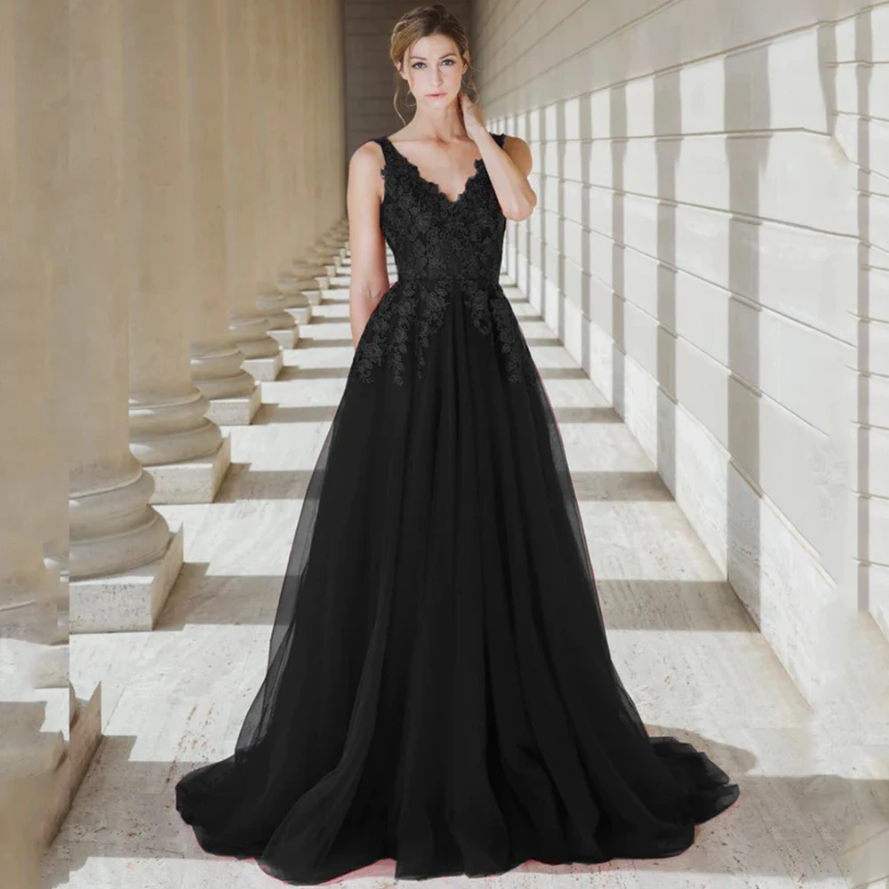 

Black Sleeveless Applique Evening Dress Classic Tulle V-Neck Women Formal Party Banquet Open Back with Button Sweep Train Gowns