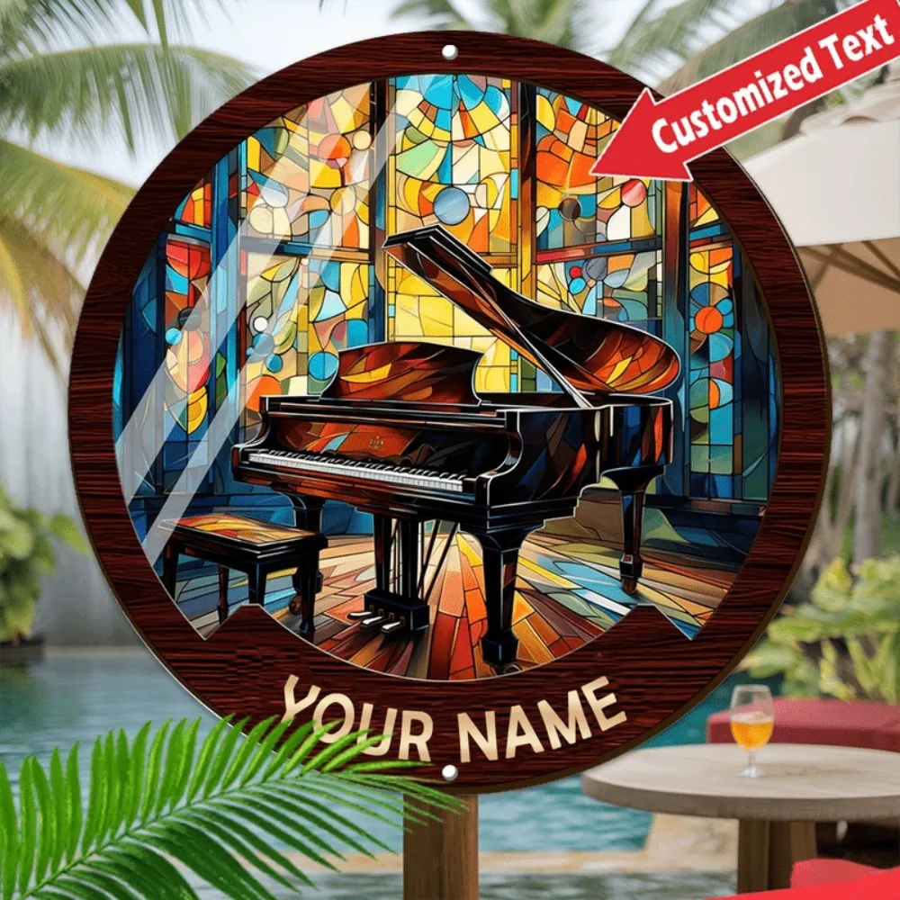 CIFbuy Custom Piano Round Metal Sign,Personalized Stained Glass Music Wall Decor (Only For Decoration)