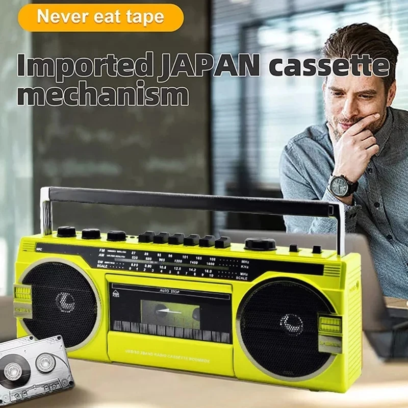 Portable FM Radio Speaker Retro Tape Recorder Wireless Bluetooth 5.0 Music Player Outdoor Multi-band Radio AM/FM/USB MP3 Boombox