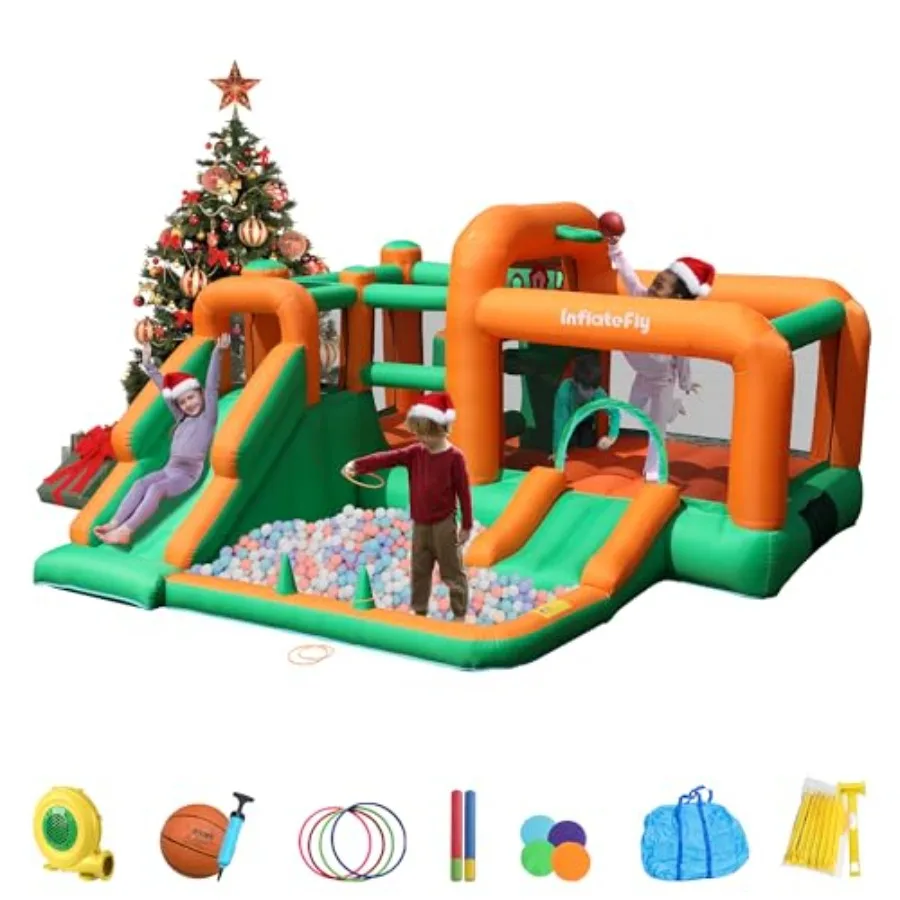 

Inflatable Bounce House Dual Slides Bouncer with Blower Obstacle Wall Ball Pit Basketball Hoop Punching Bag for Toddlers Outdoo