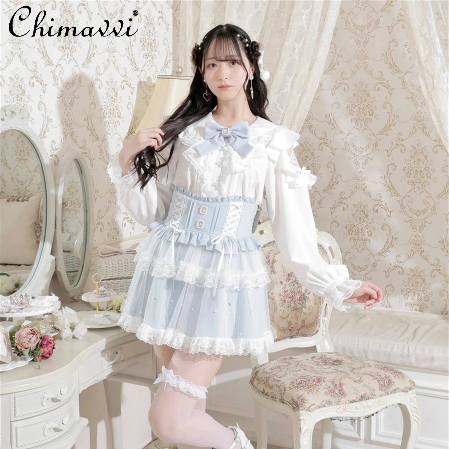 Blusa bonita de chica Lolita, otoño 2021, estilo japonés, nueva serie Mine, hombros descubiertos, manga larga, lazo de encaje, camisa dulce para niñas