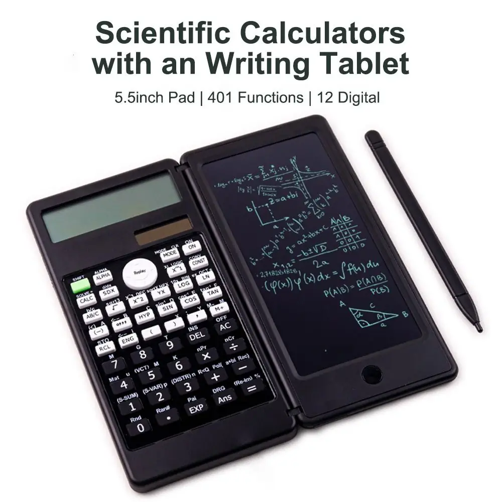 401 Functions Solar Scientific Calculator 2-Line 12-Digital with Writing Pad Function Calculator Standard Multifunction