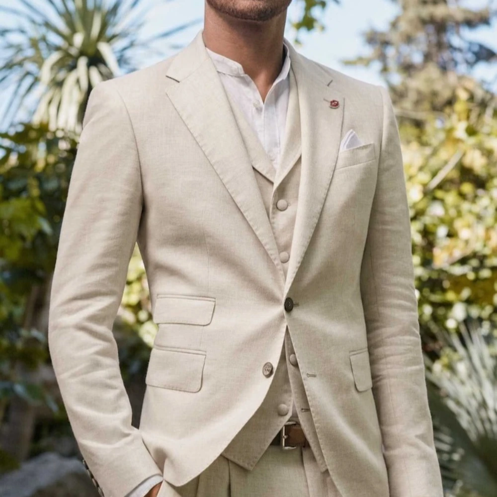 

Beige Linen 3 Piece Suit Slim Fit Wedding Groom Suit