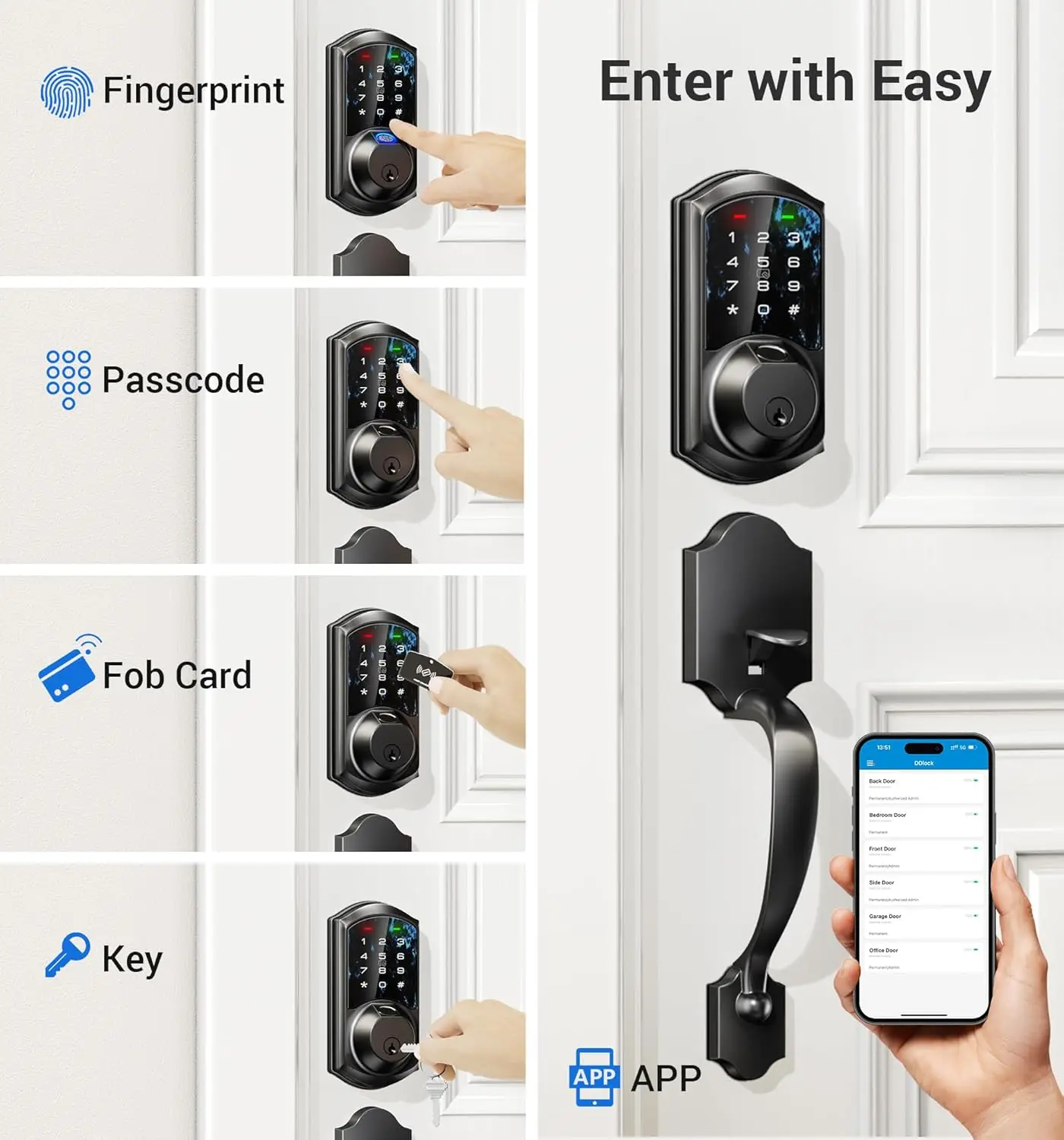 Fingerprint Smart Locks for Front Door with Handle Set, App Control, Keyless Entry Keypad Deadbolt, Matte Black