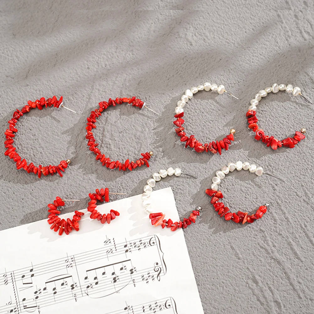 C Hoop Earrings Red Natural Stone Jewelry Sets Piercing Boho Beaded for Women Teen Girls Birthday Valentine's Day Christmas Gift