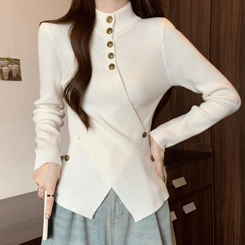 

2025 Autumn Winter Women Sweater New Fashion Irregular Knited Shirt Slim Half High Collar Long Sleeve Pullovers Tops