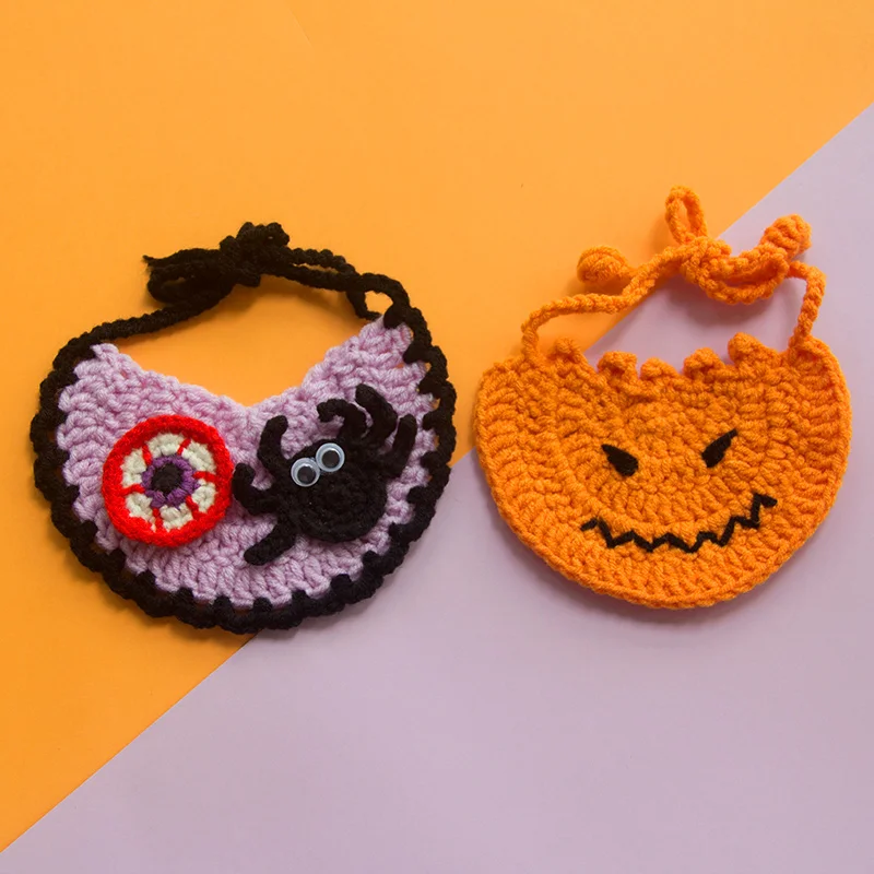 Halloween Ghost Festival Cat Crochet Collar Dog Pet Bib Decoration Collar Pumpkin Handmade Wool Knitting Dog Bandana