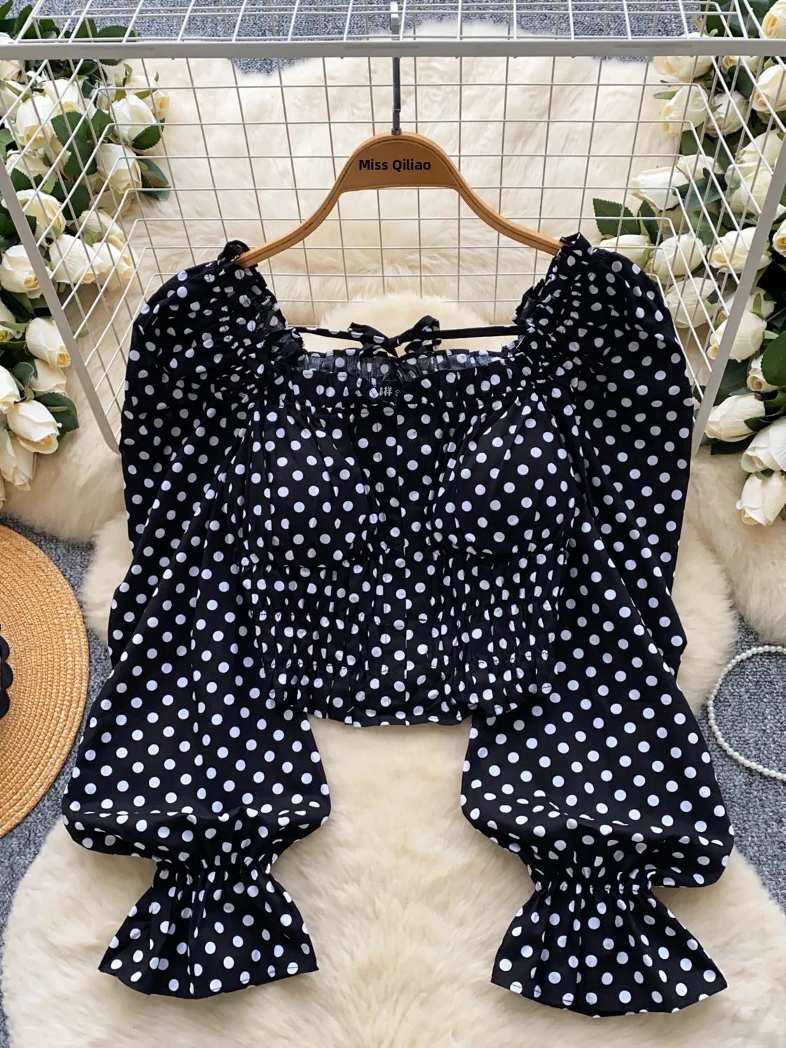 

Retro Polka Dot Lantern Sve Women's Top Summer ort Crop Top Wooden Bounded Korean Sle Loose Fit Long Sve irt