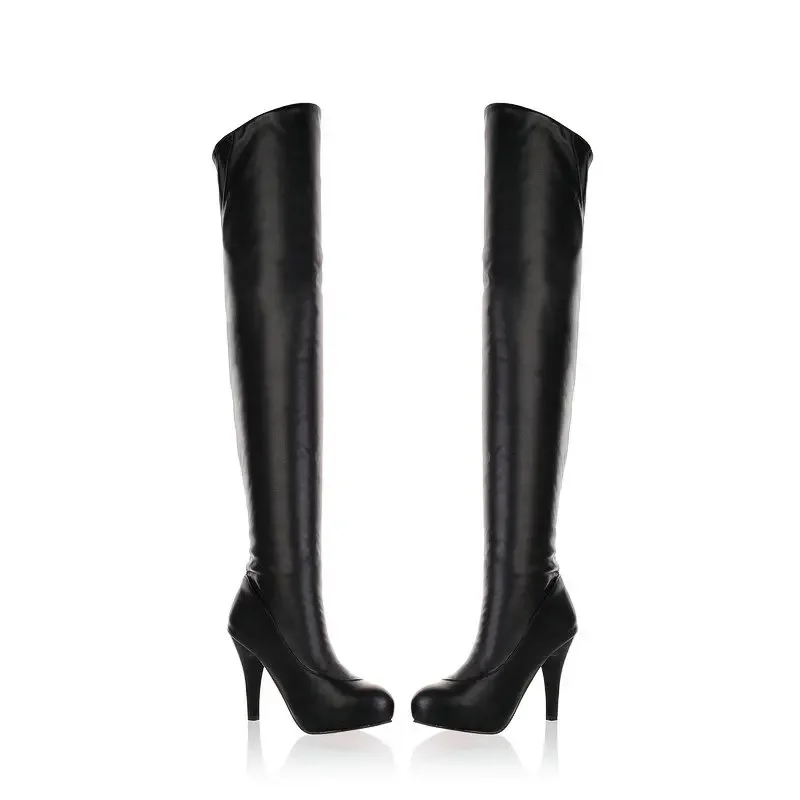 

Small Size 31 32 33 Plain White Black Long Overknees Mature Spike High Heels Winter Warm Shoes Over-the-knee Thigh Boots Size 46