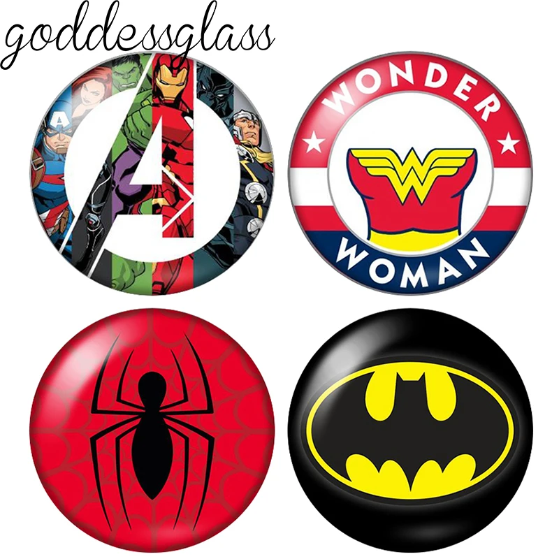 Símbolo de Spiderman y Batman, Vengadores, 10 piezas, 12mm/18mm/20mm/25mm, cabujón redondo de cristal para fotos, parte trasera plana, accesorios para hacer collares