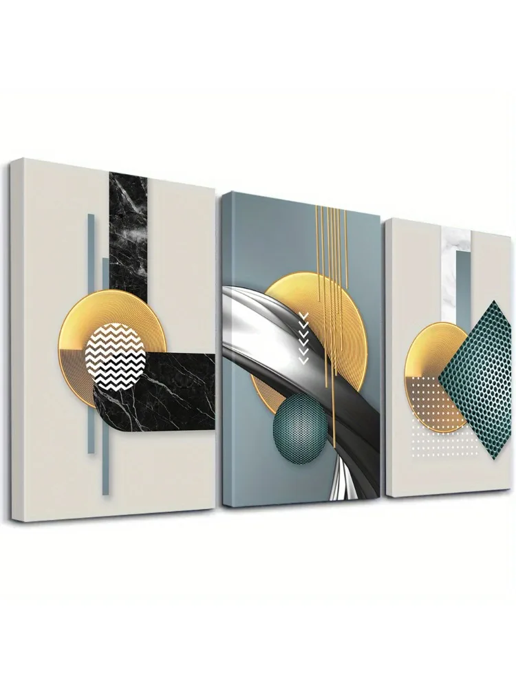 Ensemble de 3 pièces d'empreintes d'art sur toile abstraites modernes encadrées-décoration murale géométrique dorée Chic, Style industriel minimaliste, cadre en bois