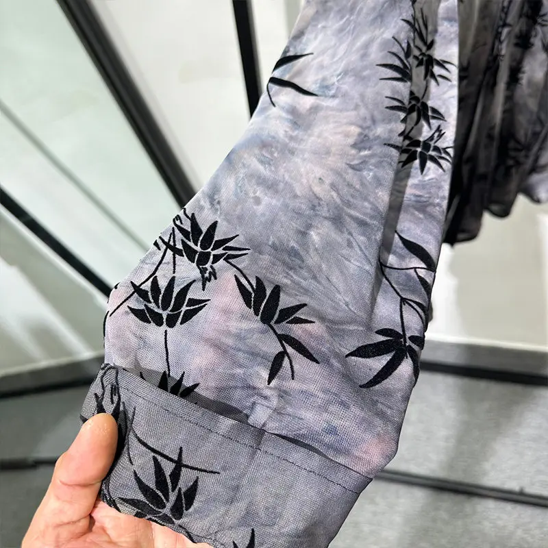 Fashionable Retro Tie-Dyed Chinese Flocking Bamboo Leaf Design Black Gray Shirt High-Grade Loose Long Sleeve Fashion