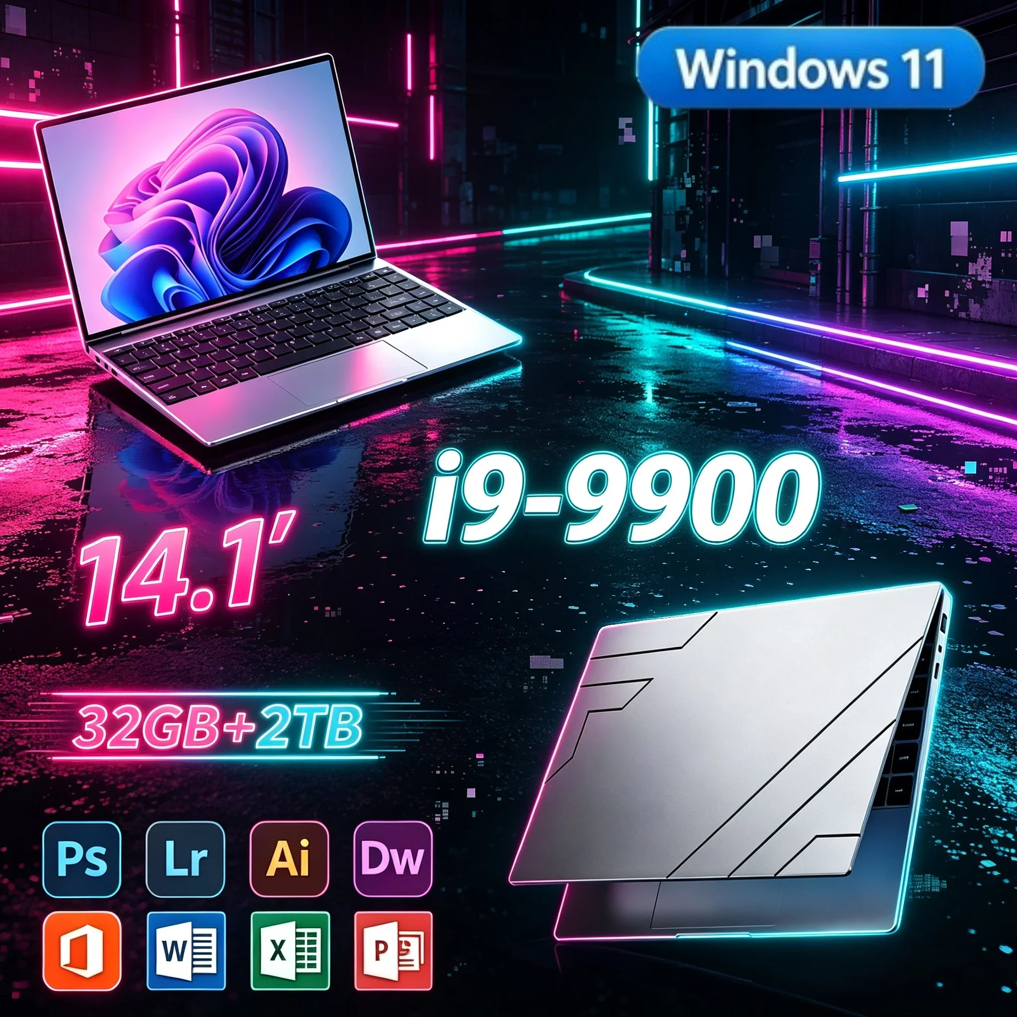 14.1'' Inch Thin Portable Laptop Intel I9‑9900 32GB RAM 1TB‑2TB SSD Windows11 Light‑Weight Notebook Computer For Office Student