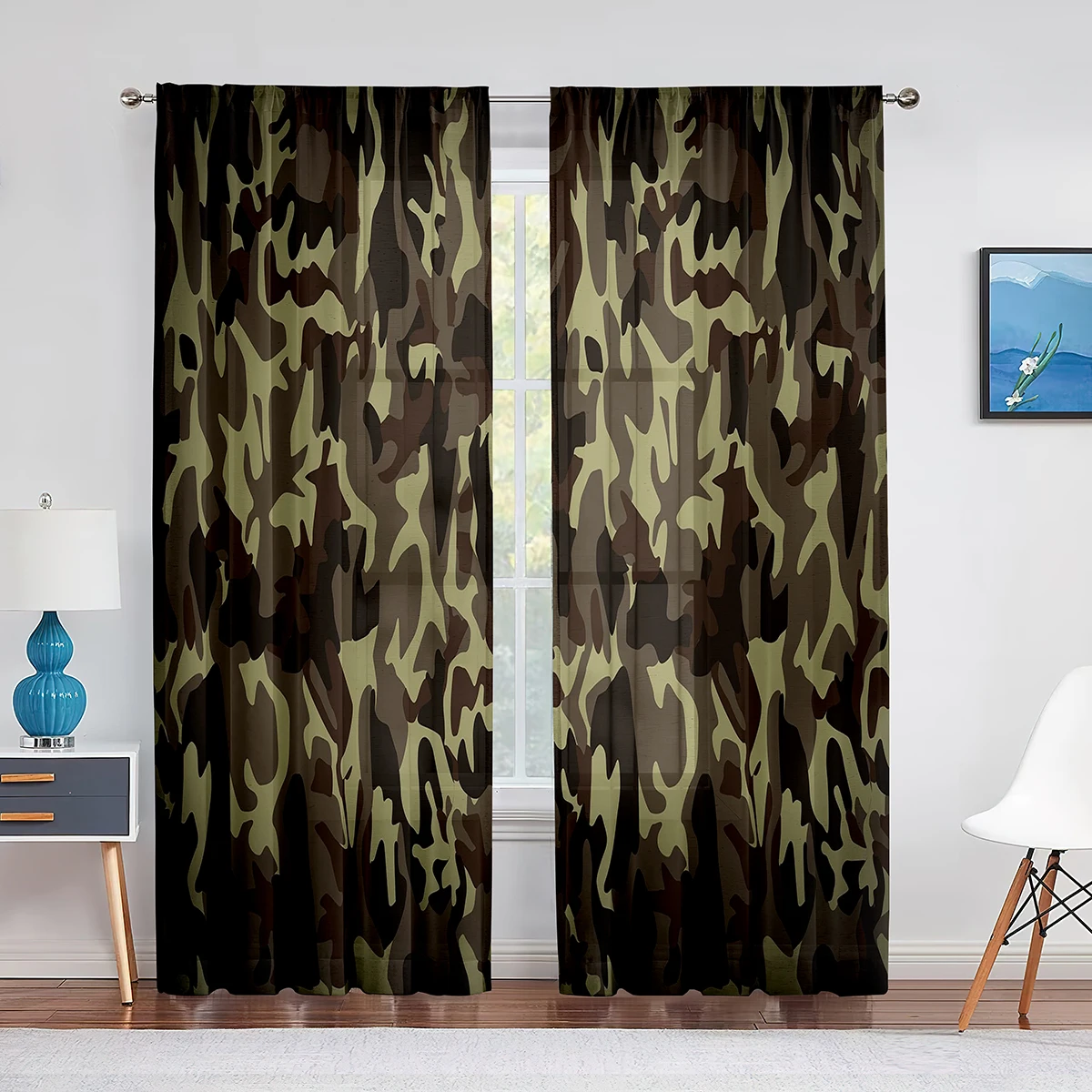 Military Green Camouflage Woodland Camo Brown Tulle Curtains for Living Room Kitchen Bedroom Sheer Voile Curtain Window Drapes