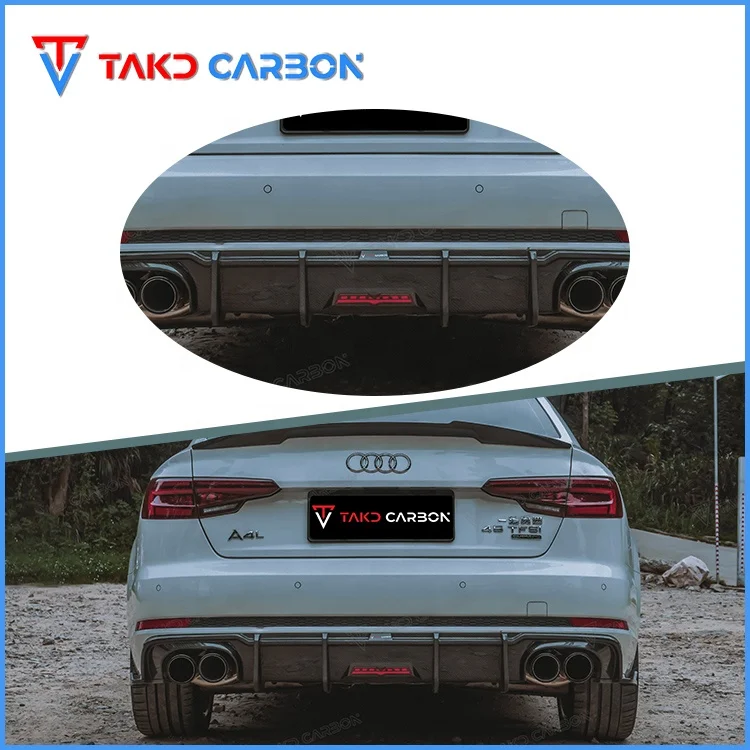 TAKD CARBON Professional High Performance Dry Carbon Fiber Rear Bumper Diffuser Lip With LED For audis A4 S4 B9 2017-2019