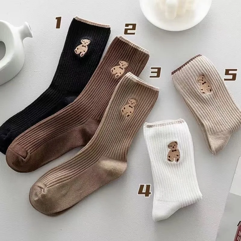 1 pair of bear socks female autumn and winter mid-tube socks cute ins trend cotton socks stockings pile socks for girls preppy s