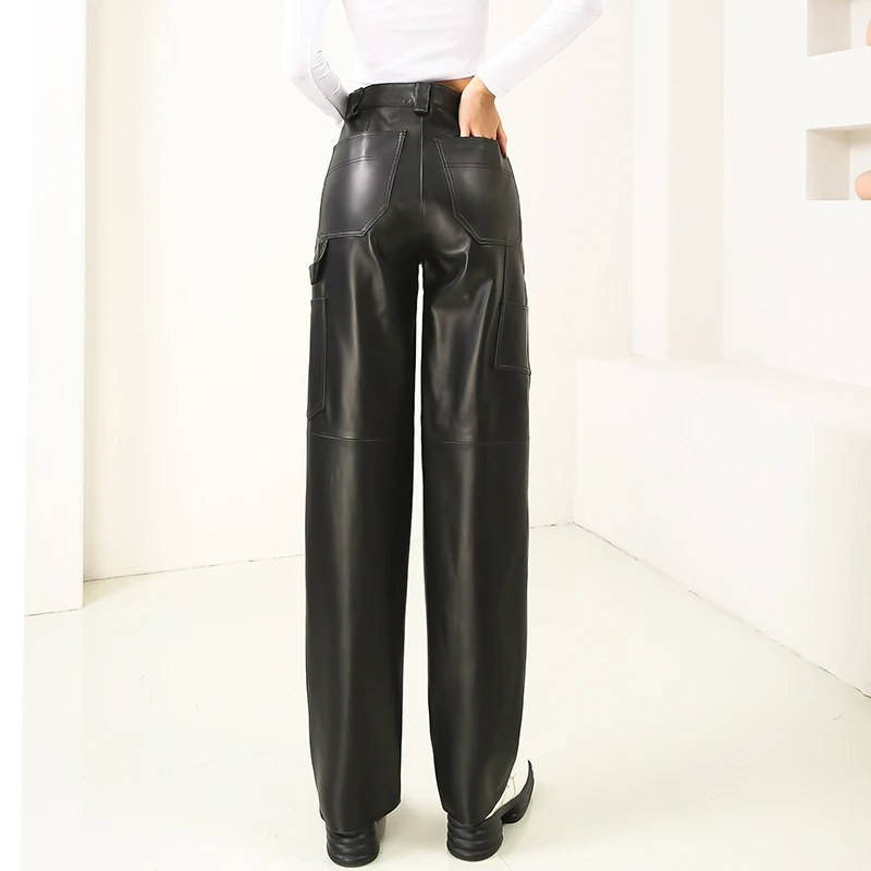 KMETRAM Natural Genuine Leather Pants for Women Autumn Sheepskin Straight Pants High Waisted Trousers Woman 2024 Pantalon Femme