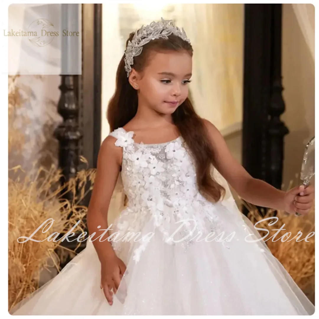 

Customized White Appliques Lace Princess Kids Flower Girl Dress Elegant Wedding Birthday First Communion Party Gown